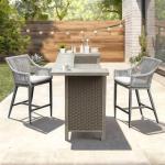 Domi Outdoor Home Bar Unit Set of 3, All-Weather Wicker & Aluminum Frame Farmhouse Bar Table with 2 Counter Height Stools with Shelves and Cabinet, for Patio, Kitchen Island, Indoor Outdoor Use