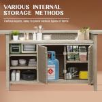 Domi Outdoor Home Bar Unit Set of 3, All-Weather Wicker & Aluminum Frame Farmhouse Bar Table with 2 Counter Height Stools with Shelves and Cabinet, for Patio, Kitchen Island, Indoor Outdoor Use