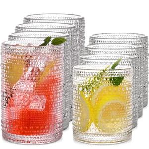 JPPSUJJ Vintage Hobnail Drinking Glasses Set of 8, 15 oz Highball Glasses & 12 oz Cocktail Glasses, Drinkware Kitchen Glasses for Cocktail, Iced Coffee, Beer, Ice Tea, Wine, Whiskey, Water