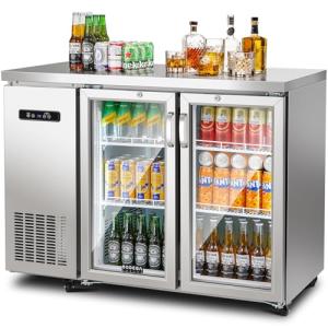 BODEGACOOLER Commercial Cooler with 2 Glass Doors,12 Cu.Ft Stainless Steel Counter Height Back Bar Refrigerator,Display Drink Beverage Fridge for Soda LED Lighting, SUS 304 Stainless Steel Exterior