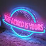 The World is Yours Neon Sign with Remote Dimmer, Ice Blue Pink Planet LED Neon Light Lamp for Wall Decor, Man Cave Home Bar Game Room Bedroom Birthday Gift Graduation Party