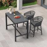 PURPLE LEAF 3 Pieces Outdoor Rattan 24" Counter Height Bar Stools and Table Set, Modern Upholstered Patio Bar Stool Bar Table for Indoor and Outdoor, Kitchen Island, Grey