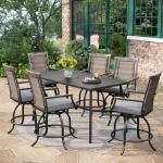 PHI VILLA 7 Piece Outdoor Bar Set, Counter Height Patio Bar Furniture with Rattan Wicker Swivel Bar Stools Cushioned Chairs Grey & Rectangle Bar Dining Table for Garden,Yard and Deck