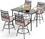 PHI VILLA 5 Piece Patio Bar Set,Outdoor Bar Table and Chairs Set, Strong and Heavy Duty Outdoor Bar Set with Cushion and Pillow，4PC Swivel Bar Stools with Rectangular Bar Height Table