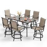 PHI VILLA 7 Piece Outdoor Bar Set, Counter Height Patio Bar Furniture Rectangle Dining Table and 6 Swivel Bar Stools Chairs with Brown Textilene Fabric for Garden,Yard and Deck