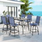 MFSTUDIO Patio Bar Set of 7, Outdoor Bar Height Table and Chairs, 1 x Heavy Duty Metal Slat High Top Bar Table with 6 x Swivel Outdoor Bar Stool, Navy Blue