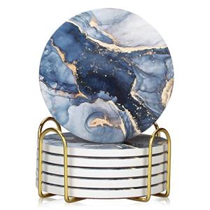 Navy Blue Marble Ceramic Coaster Set with Holder