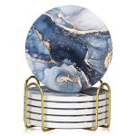 Navy Blue Marble Ceramic Coaster Set with Holder