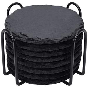 Slate Drink Coasters with Metal Holder Set