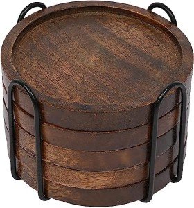Mango Wood Drink Coasters with Iron Holder Set
