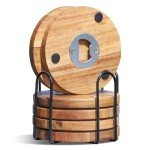 Set of 6 Acacia Wood Drink Coasters with Opener