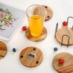 Set of 6 Acacia Wood Drink Coasters with Opener