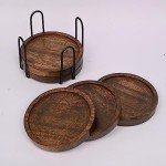 Mango Wood Drink Coasters with Iron Holder Set