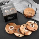 Set of 6 Acacia Wood Drink Coasters with Opener