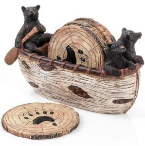 Rustic Bear Coasters Set in Handmade Canoe