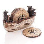 Rustic Bear Coasters Set in Handmade Canoe