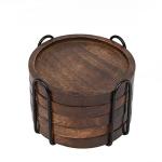 Mango Wood Coasters with Iron Holder Set of 5