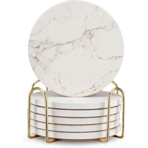 White Marble Coaster Set with Holder - 6 Pack