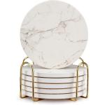 White Marble Coaster Set with Holder - 6 Pack