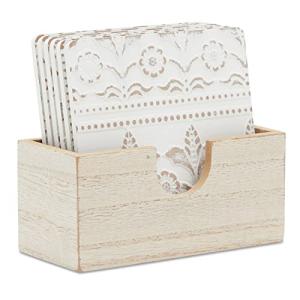 Set of 6 White Wooden Coasters with Holder