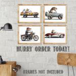 T-Rex Driving Vintage Vehicles Poster for Man Cave