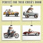 T-Rex Driving Vintage Vehicles Poster for Man Cave