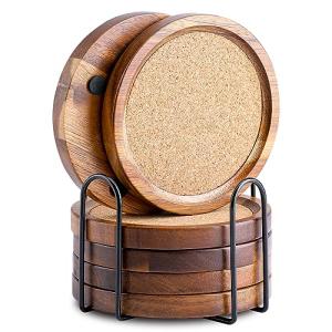 Acacia Wood Coaster Set with Holder - 6 Pack