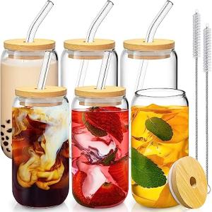 SENTVEND 16 Oz Glasses with Bamboo Lids - Set of 6