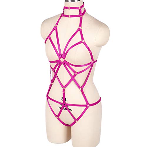 Women's Punk Body Harness Lingerie Full Waist Garter Belts Set Strappy Frame (Rose Red N0009)