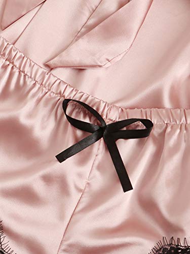 WDIRARA Women' Silk Satin Pajamas Set 4pcs Lingerie Floral Lace Cami Sleepwear with Robe Pink XL