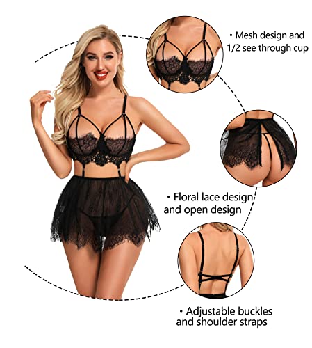 RSLOVE Lingerie for Women Lace Babydoll Chemise Sexy High Waisted Nightdress Sleepwear Set Black L