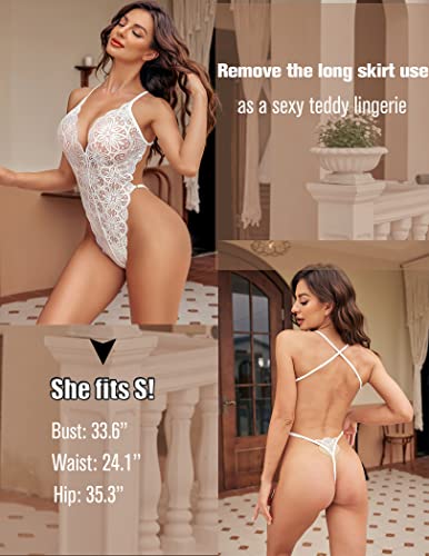 Avidlove Women Lingerie Sexy Nightgown 2 pieces Set Lace Teddy Sheer Wrap Skirt White Large