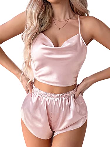 LYANER Women's Silky Satin Pajamas Set Cami Crop Top with Shorts Lingerie Sleepwears PJ Set Pink Small