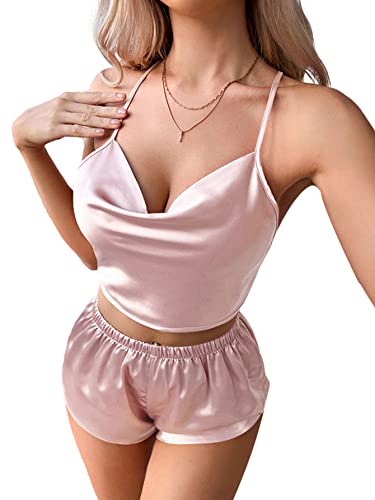 LYANER Women's Silky Satin Pajamas Set Cami Crop Top with Shorts Lingerie Sleepwears PJ Set Pink Small
