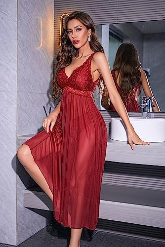 Avidlove lingerie for women for sex play Deep V neck sexy nightgown lace mesh lingerie dress Wine Red