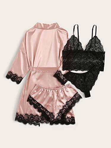 WDIRARA Women' Silk Satin Pajamas Set 4pcs Lingerie Floral Lace Cami Sleepwear with Robe Pink XL