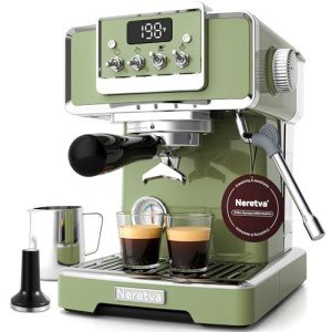 Neretva Espresso Machine, 15 Bar LCD Display Espresso Maker Manual&Auto Mode Stainless Steel Espresso Coffee Machines with 60oz Water Tank&Milk Frother for Home Barista -Green