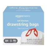 Amazon Basics Scented Trash Bags, Tall Kitchen Drawstring, Clean Fresh Scent, 13 Gallon, 200 Count, Pack of 1