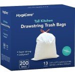 HygiCare 13 Gallon Tall Kichen Trash Bags, Unscented 200 Count Drawstring Garbage Bags, Pre-Separated, Ultra Strong, Leakproof, Sturdy, White