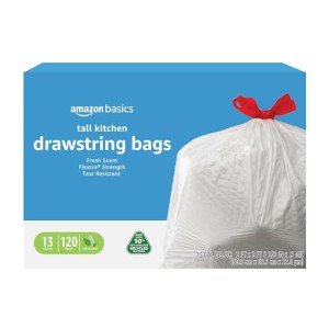 Amazon Basics 13 Gallon Flextra Strength Tall Kitchen Drawstring Trash Bags, Clean Fresh Scnet, Tear Resistant, 10% Post Consumer Recycled, 90 Count