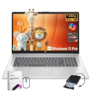 HP 17.3" Laptop Computer for Business and Students - AMD Ryzen 5 7430U, 300 Nits IPS Display, Webcam, Wi-Fi 6, Windows 11 Pro & Office Pro Lifetime, with External CD/DVD Drive, 32GB RAM + 1TB SSD