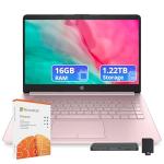 HP Flagship 14" Laptop with 1 Year Office 365 | 16GB RAM | 1.22TB Storage(64GB eMMC & 160GB Docking Station & 1TB Cloud Storage) | Intel 4-Core Processor| Webcam | Wi-Fi | Windows 11 | Pink