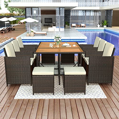 11-Piece Outdoor Patio Wicker Dining Set with Wood Tabletop