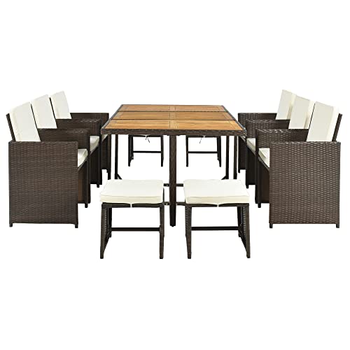 11-Piece Outdoor Patio Wicker Dining Set with Wood Tabletop