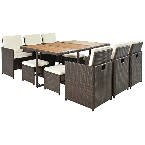 11-Piece Outdoor Patio Wicker Dining Set with Wood Tabletop