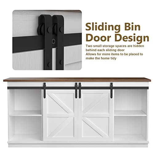 JUMMICO Farmhouse TV Stand up to 65 Inches, Mid Century Modern Entertainment Center with Sliding Barn Doors and Storage Cabinets, Metal Media TV Console Table for Living Room Bedroom (Bright White)