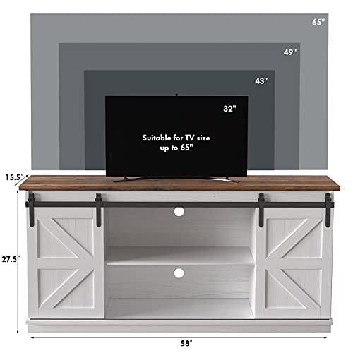 JUMMICO Farmhouse TV Stand up to 65 Inches, Mid Century Modern Entertainment Center with Sliding Barn Doors and Storage Cabinets, Metal Media TV Console Table for Living Room Bedroom (Bright White)