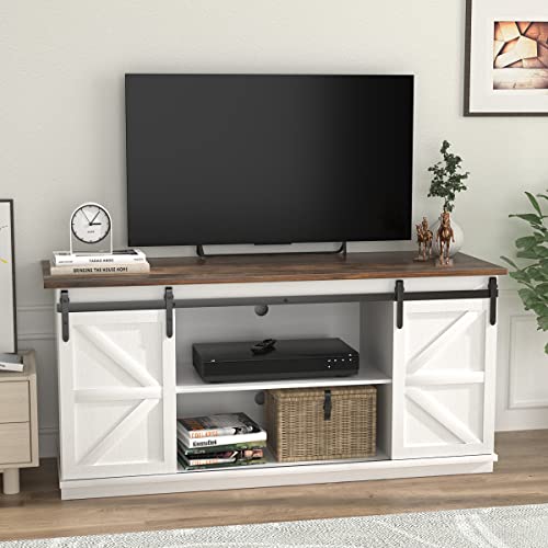 JUMMICO Farmhouse TV Stand up to 65 Inches, Mid Century Modern Entertainment Center with Sliding Barn Doors and Storage Cabinets, Metal Media TV Console Table for Living Room Bedroom (Bright White)
