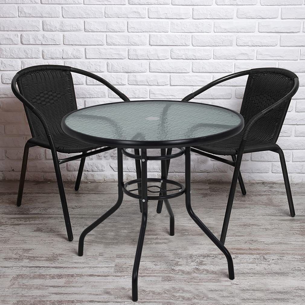 Round Glass Dining Table with Umbrella Hole for Patio