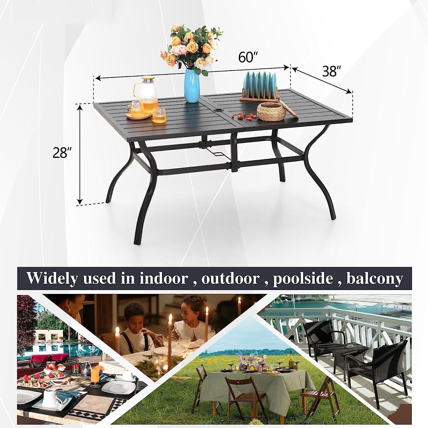 PHI VILLA Patio Dining Table with Umbrella Hole